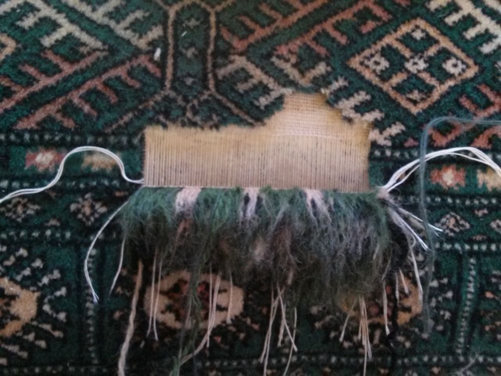Bokhara rug with a hole torn through the border